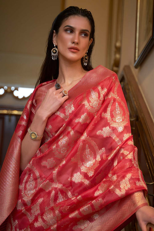Keesha Red Two Tone Organza Weave One Minute Saree