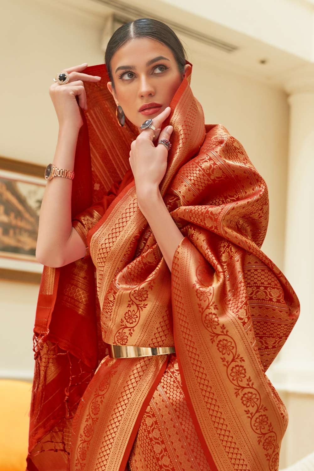 Ishika Red Sequin Silk Weaving One Minute Saree