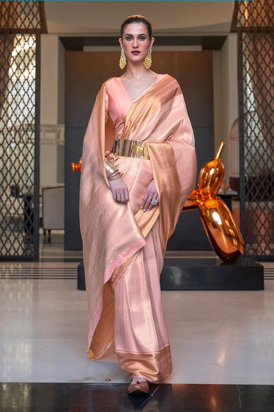 Ava Peach Handloom Weaving Silk One Minute Saree