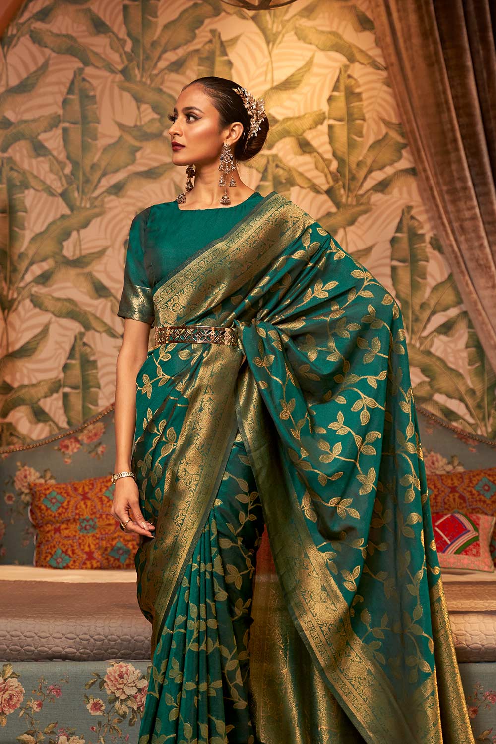 Afsa Green Two-Tone Silk Weaving One Minute Saree