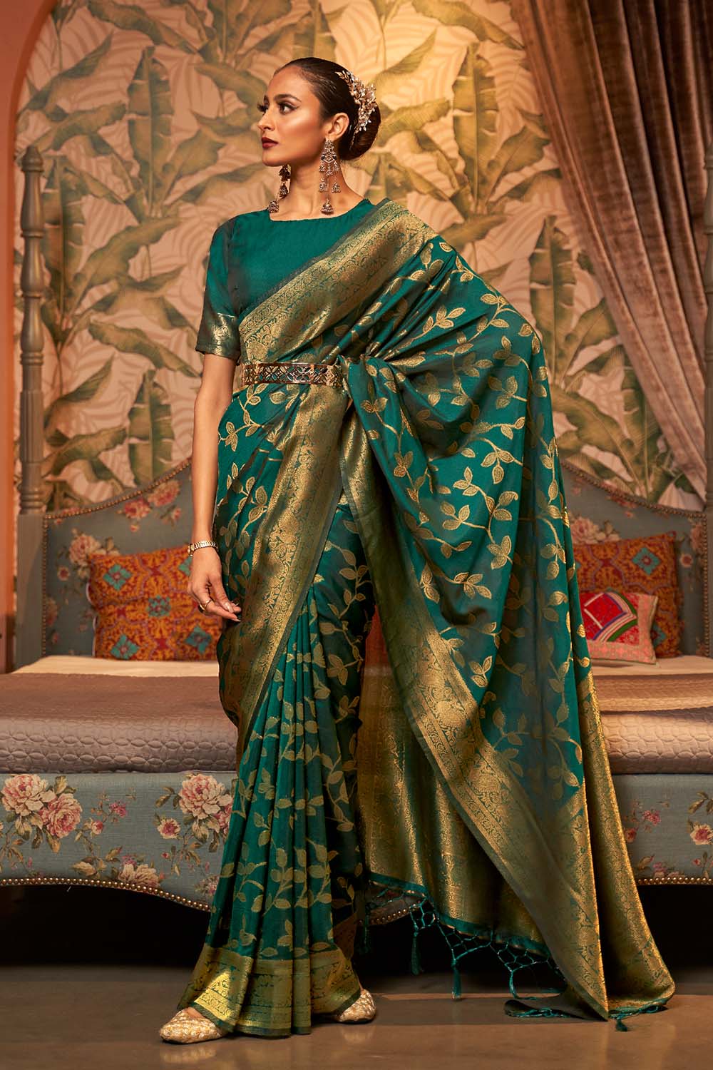 Afsa Green Two-Tone Silk Weaving One Minute Saree