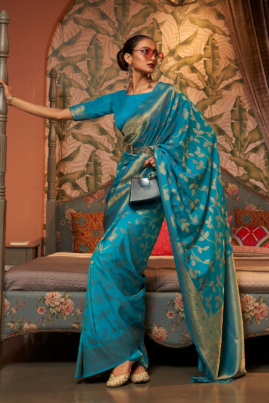 Afsa Turquoise Blue Two-Tone Silk Weaving One Minute Saree