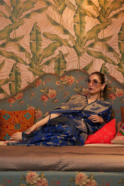 Afsa Navy Blue Two-Tone Silk Weaving One Minute Saree