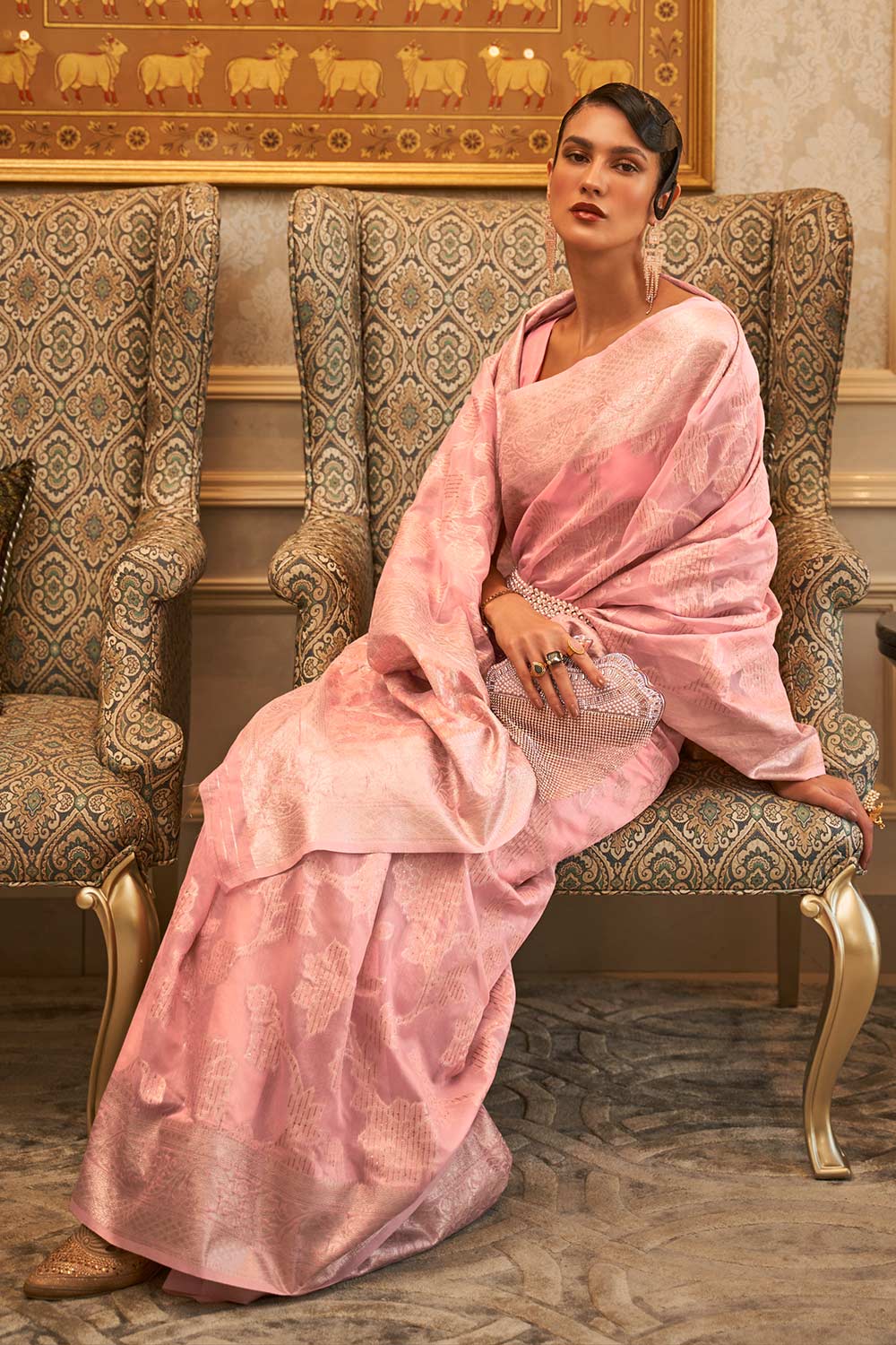 Alika Light Pink Modal Handloom Sequins Silk One Minute Saree