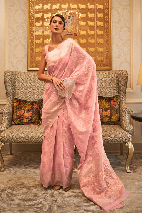 Alika Light Pink Modal Handloom Sequins Silk One Minute Saree