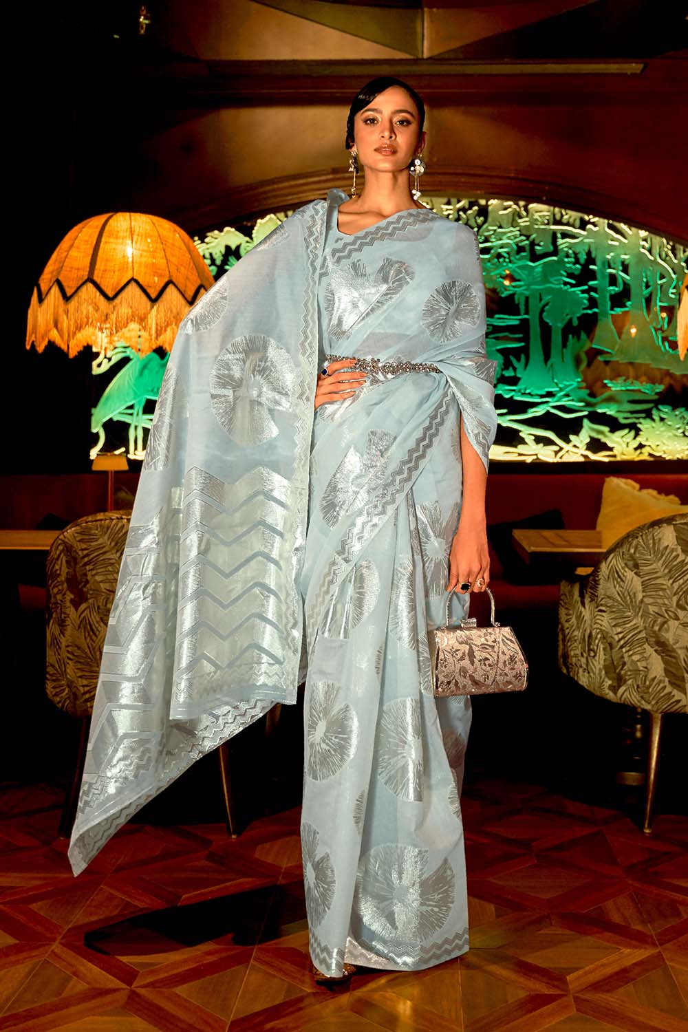 Victoria Blue Zari Handloom Weaving Silk One Minute Saree