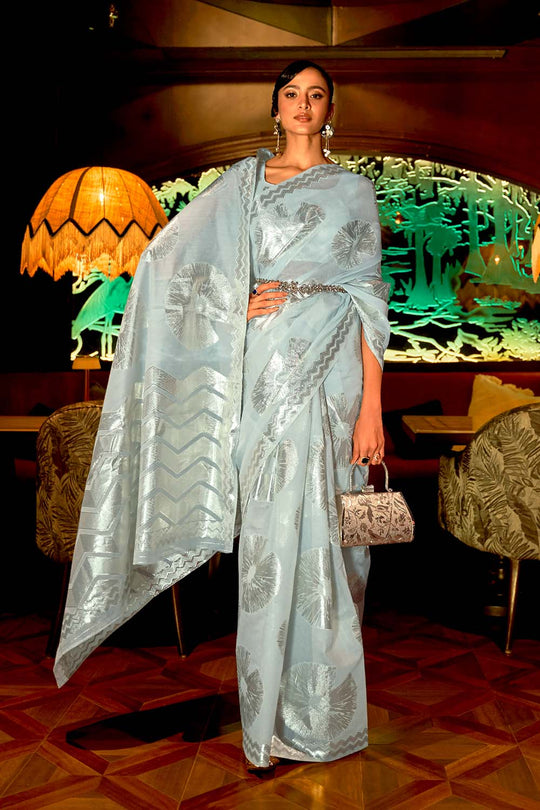 Victoria Blue Zari Handloom Weaving Silk One Minute Saree