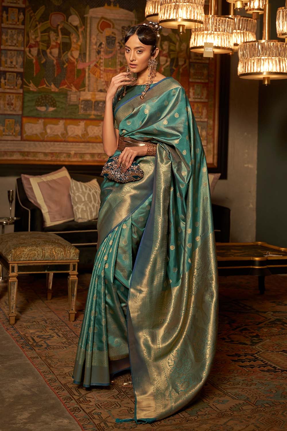 Zoha Green Zari Handloom Weaving Silk One Minute Saree