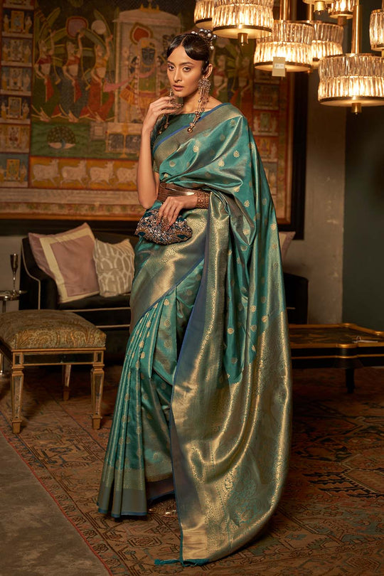 Zoha Green Zari Handloom Weaving Silk One Minute Saree