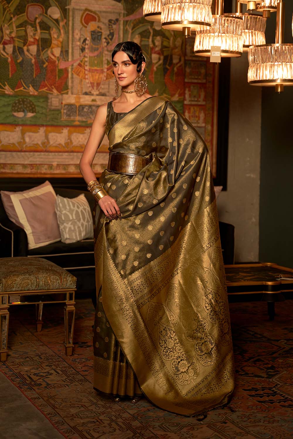 Zoha Olive Green Zari Handloom Weaving Silk One Minute Saree