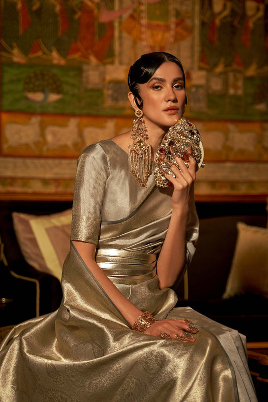 Zoha Grey Zari Handloom Weaving Silk One Minute Saree