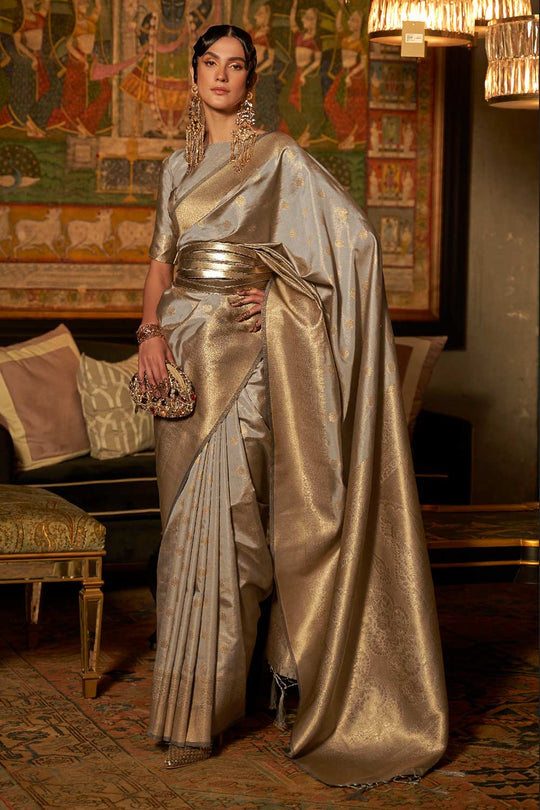 Zoha Grey Zari Handloom Weaving Silk One Minute Saree
