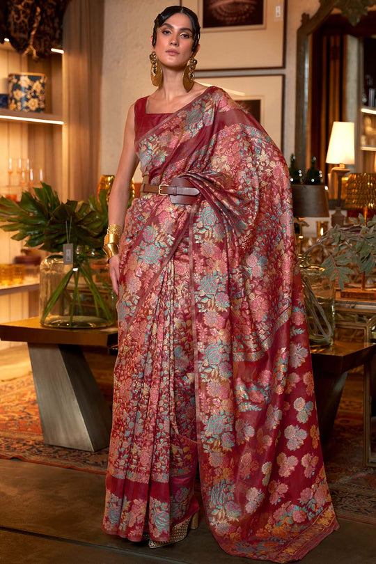 Fiora Red Zari Handloom Weaving Silk One Minute Saree