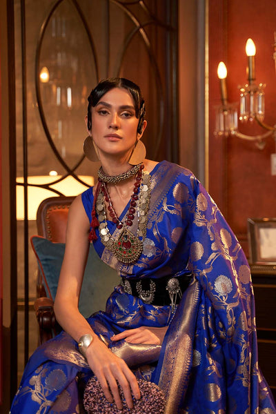 Calista Dark Blue Handloom Silk One Minute Saree