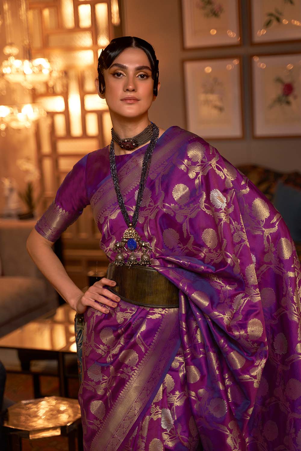 Calista Purple Handloom Silk One Minute Saree