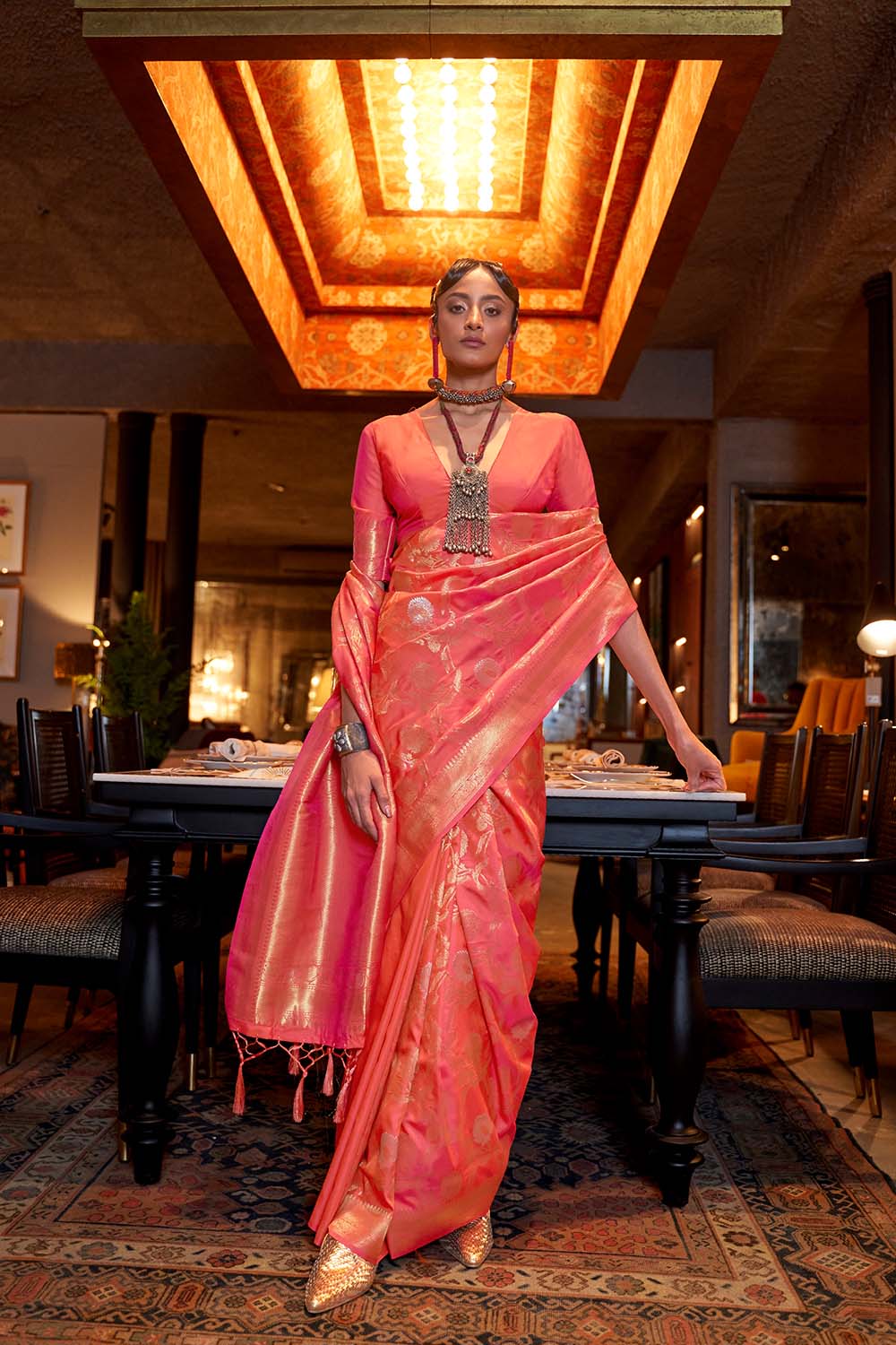 Calista Peach Handloom Silk One Minute Saree