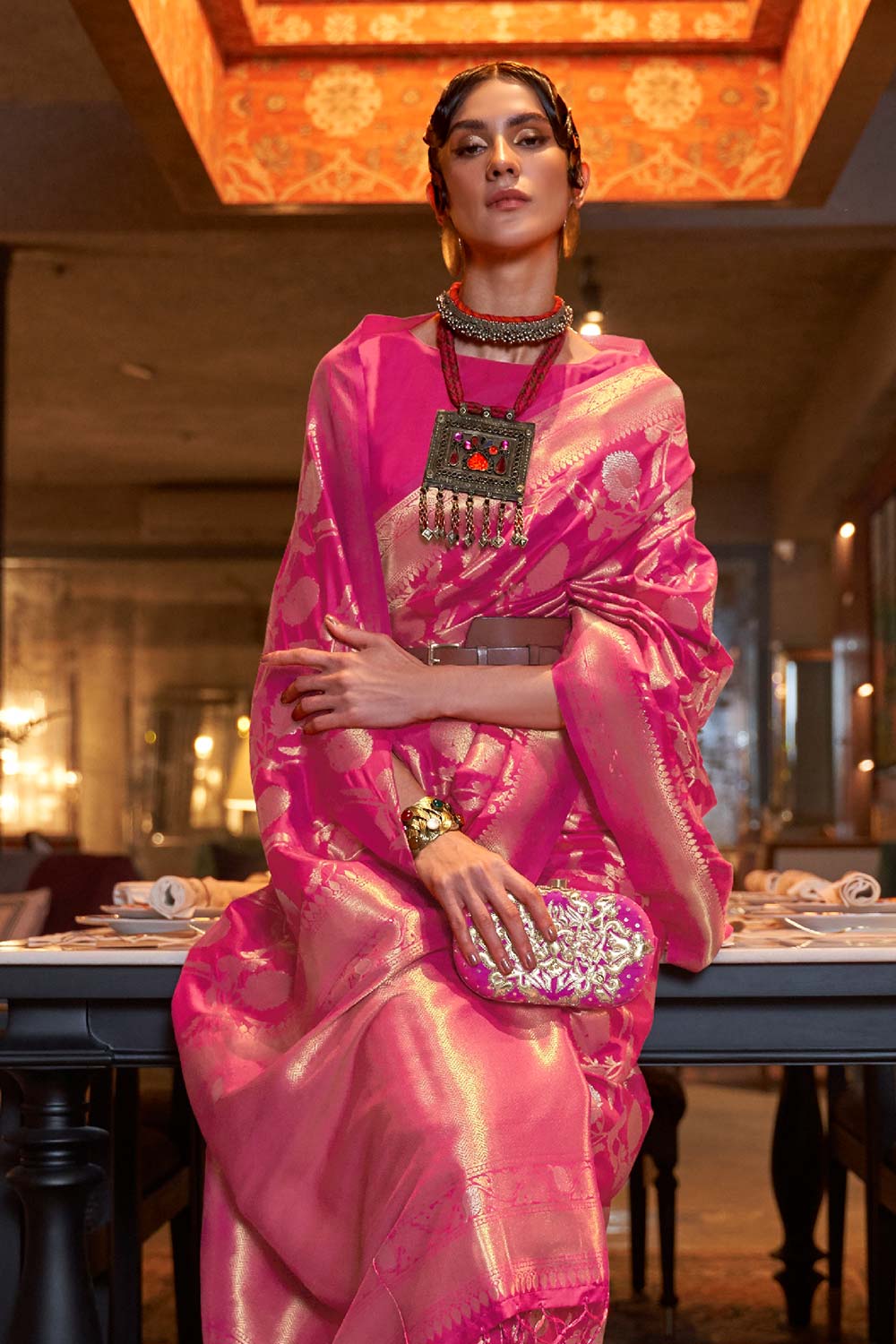 Calista Rani Pink Handloom Silk One Minute Saree