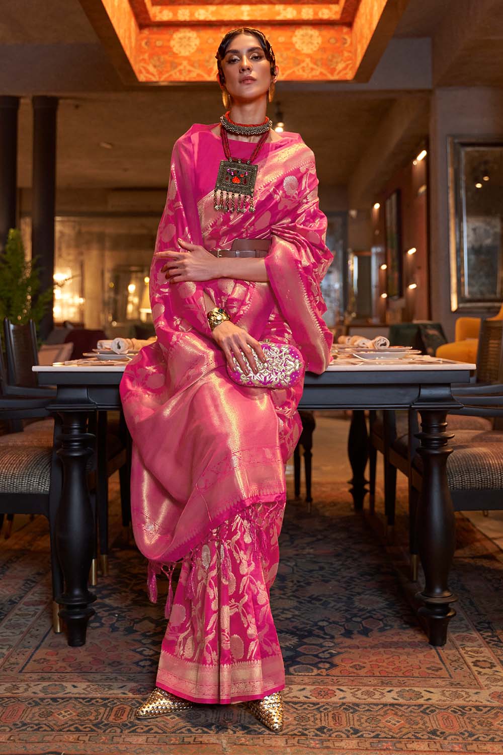 Calista Rani Pink Handloom Silk One Minute Saree