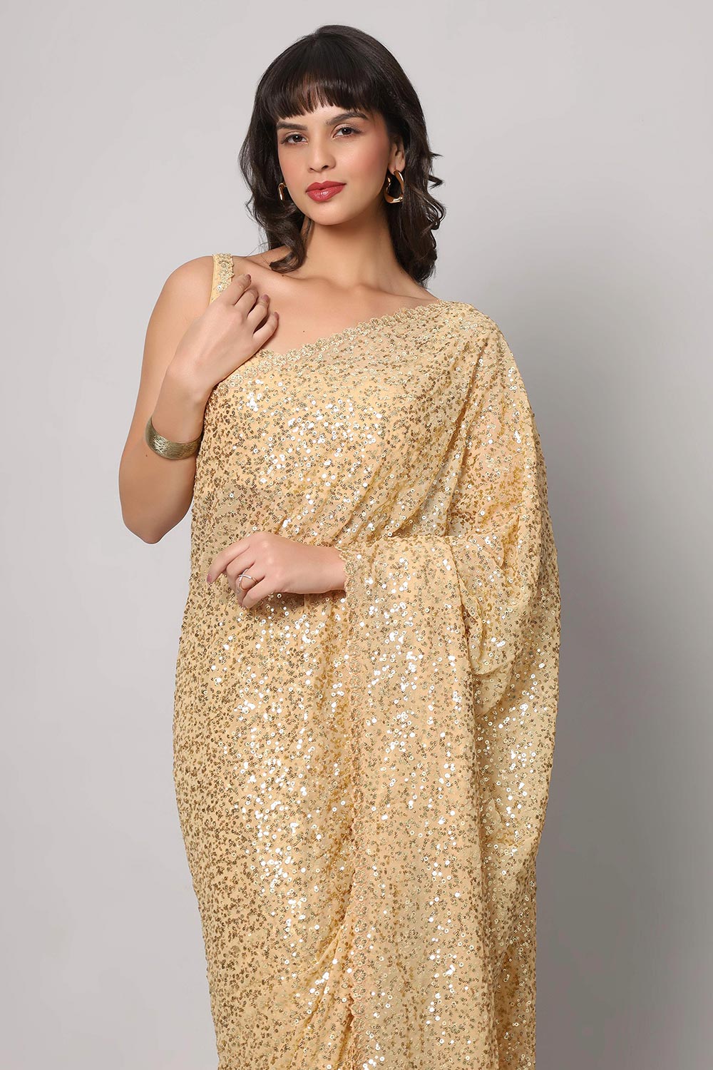 Buy Kylie Beige Georgette Gold Sequin Embroidery One Minute Saree Online - Side