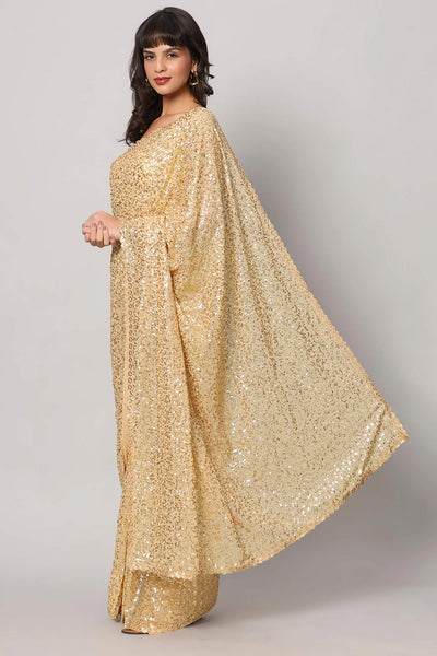 Buy Kylie Beige Georgette Gold Sequin Embroidery One Minute Saree Online - One Minute Saree