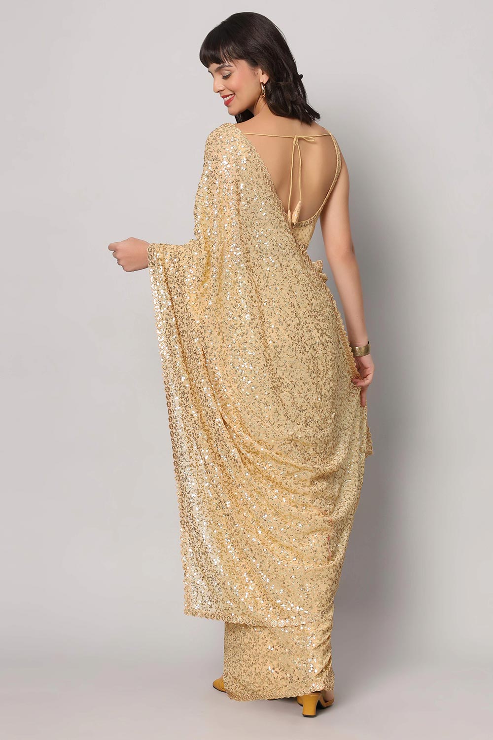 Shop Kylie Beige Georgette Gold Sequin Embroidery One Minute Saree at best offer at our  Store - One Minute Saree