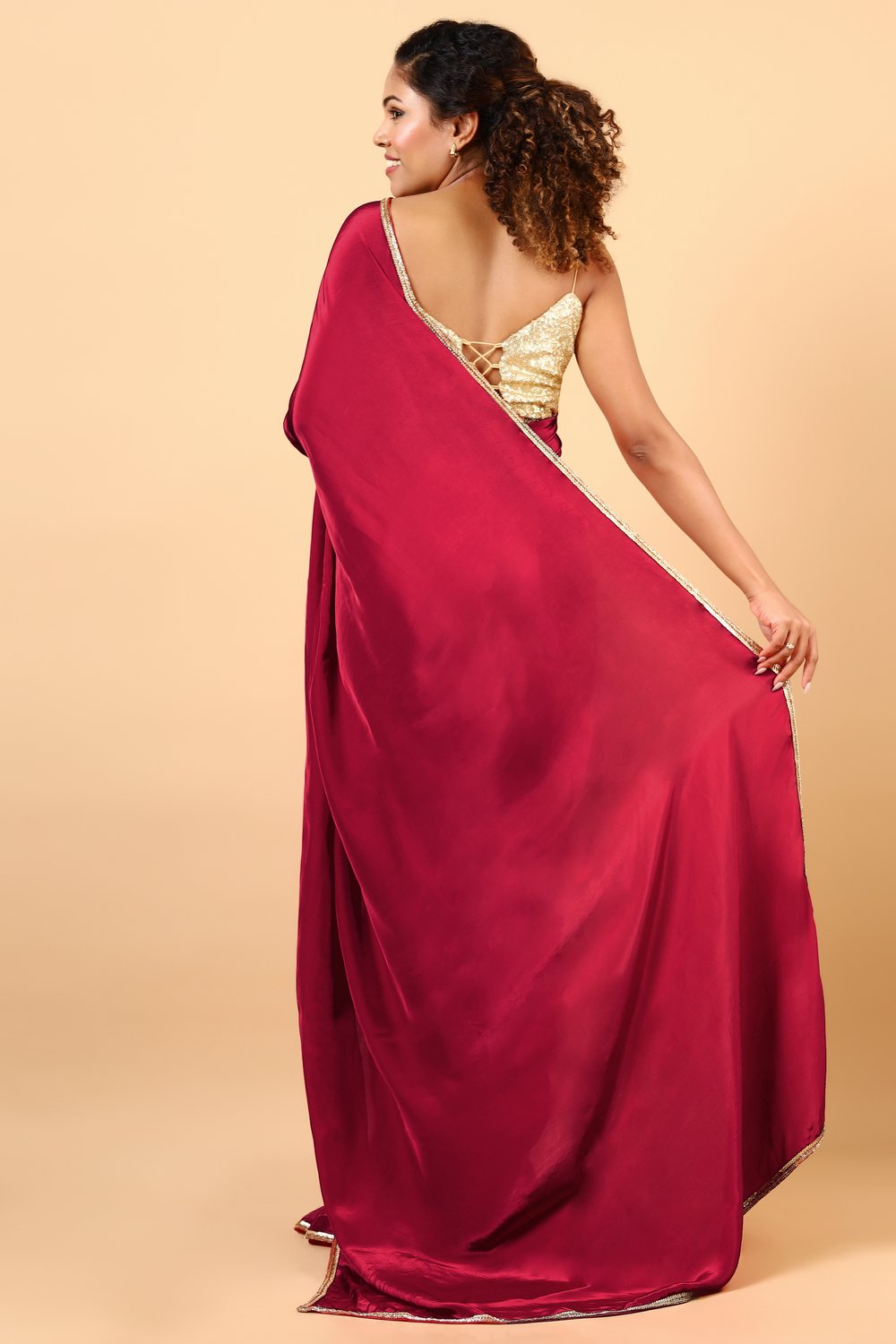 Riva Red Crepe Silk Saree with Embellished border Ready to Wear One Minute Saree