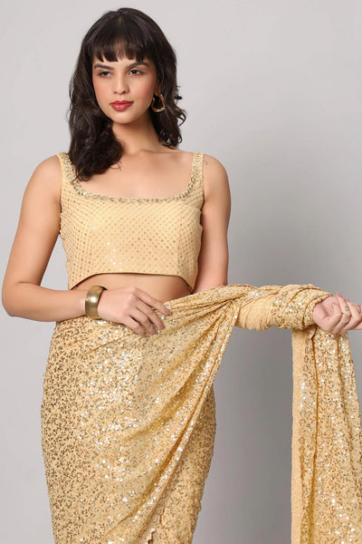 Buy Kylie Beige Georgette Gold Sequin Embroidery One Minute Saree Online - Back