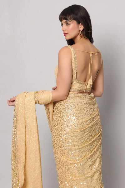 Buy Kylie Beige Georgette Gold Sequin Embroidery One Minute Saree Online