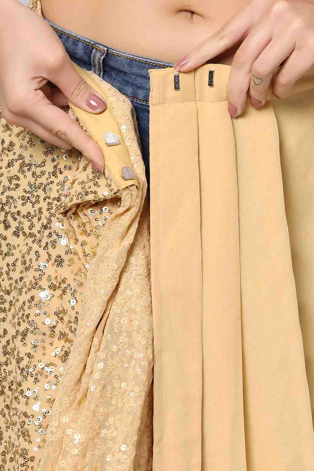 Buy Kylie Beige Georgette Gold Sequin Embroidery One Minute Saree Online - Zoom In