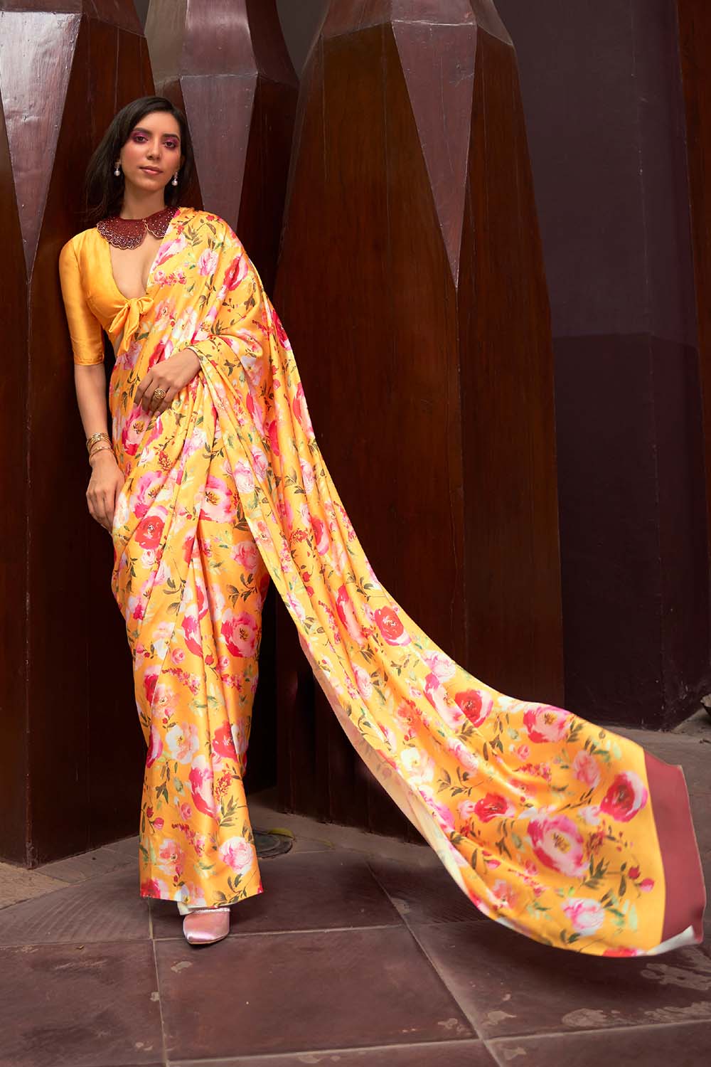 Nadia Yellow Floral Printed  Satin One Minute Saree