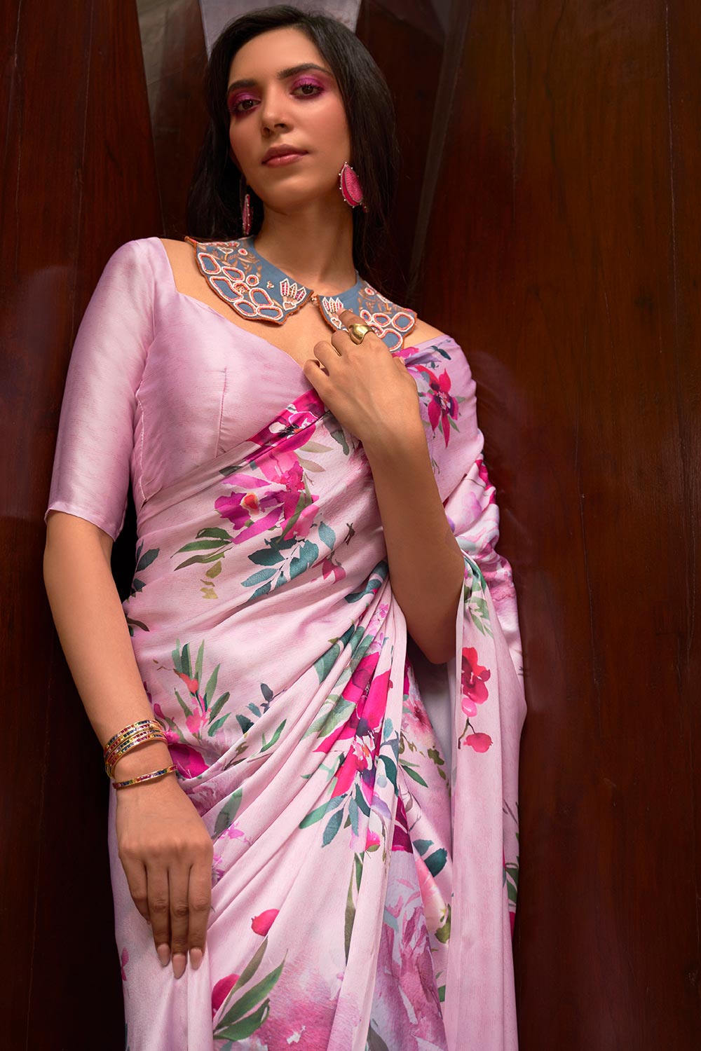 Nadia Lavender Floral Printed Satin One Minute Saree