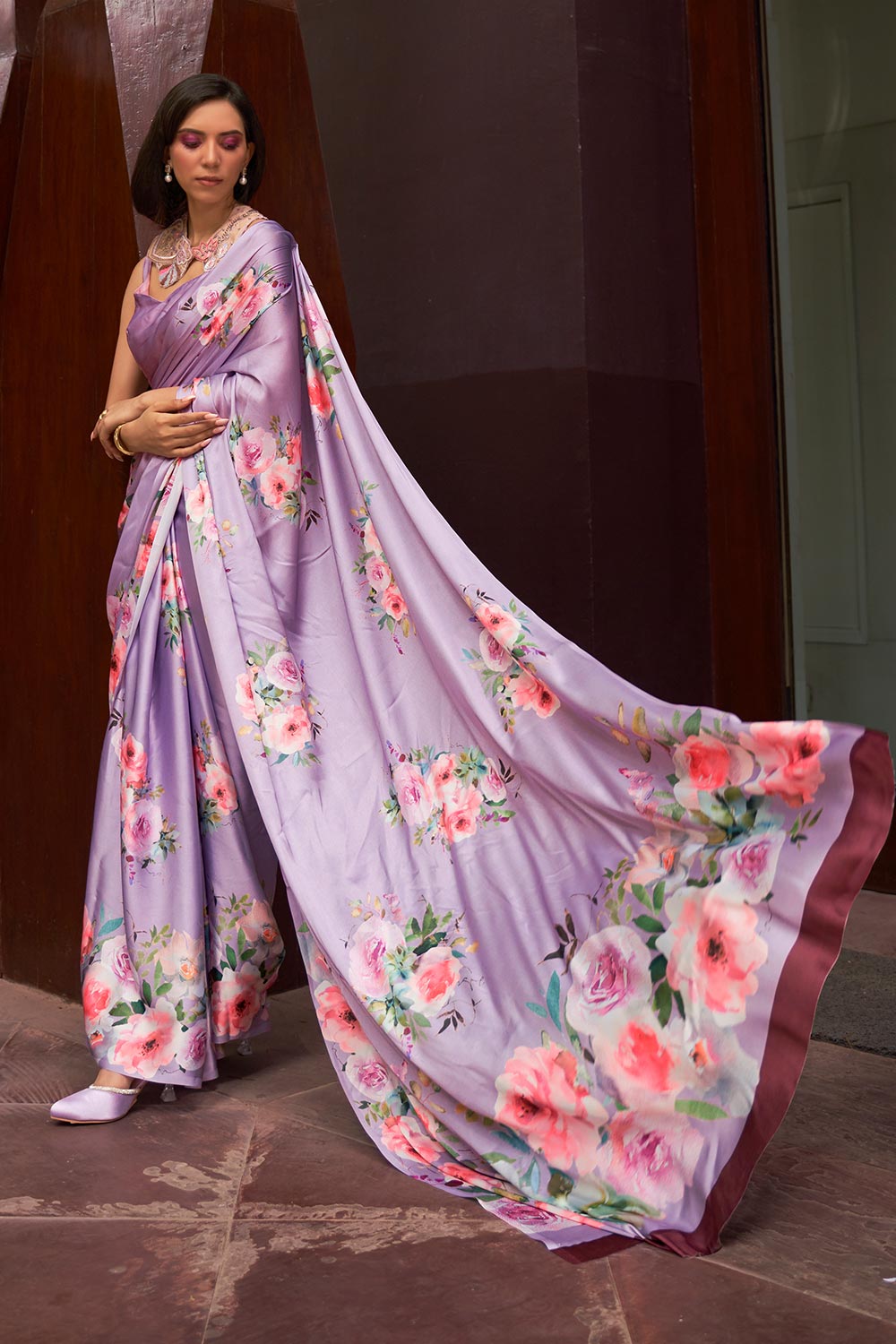 Nadia Lavender Floral Printed Satin One Minute Saree