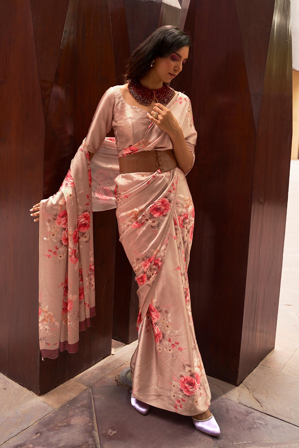 Nadia Light Pink Floral Printed Satin One Minute Saree