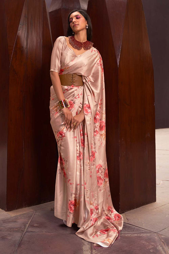 Nadia Peach Floral Printed  Satin One Minute Saree