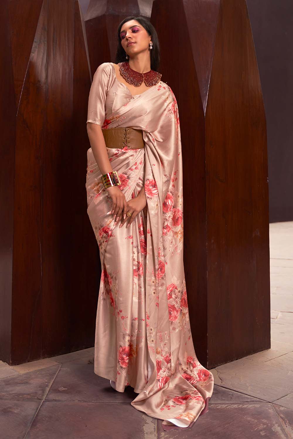 Nadia Peach Floral Printed  Satin One Minute Saree