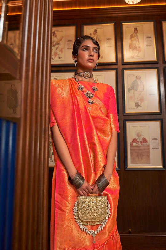 Mika Coral Orange Handloom Silk Zari Work Ready to Wear Saree