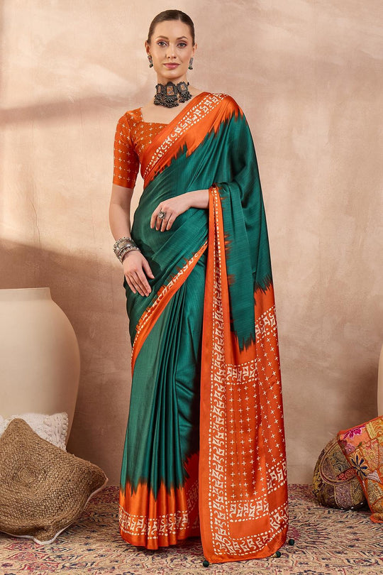 Kenya Green Modal Ajrakh Printed Ready to Wear One Minute Saree