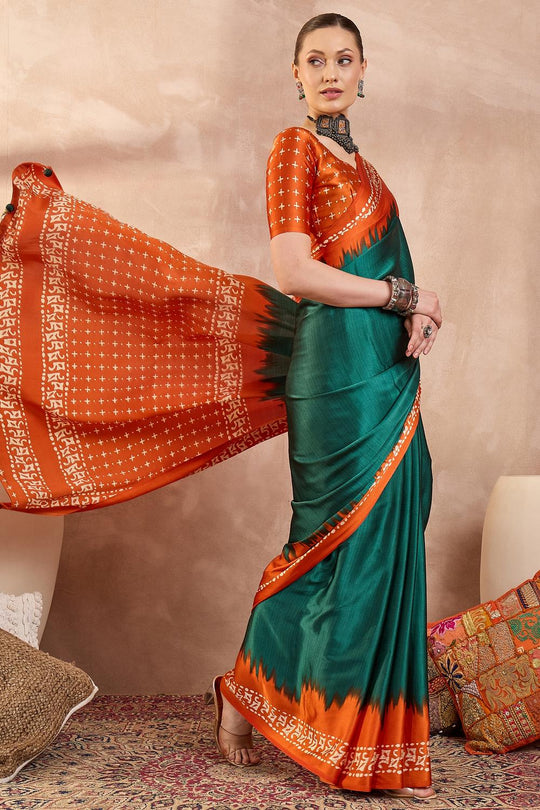 Kenya Green Modal Ajrakh Printed Ready to Wear One Minute Saree