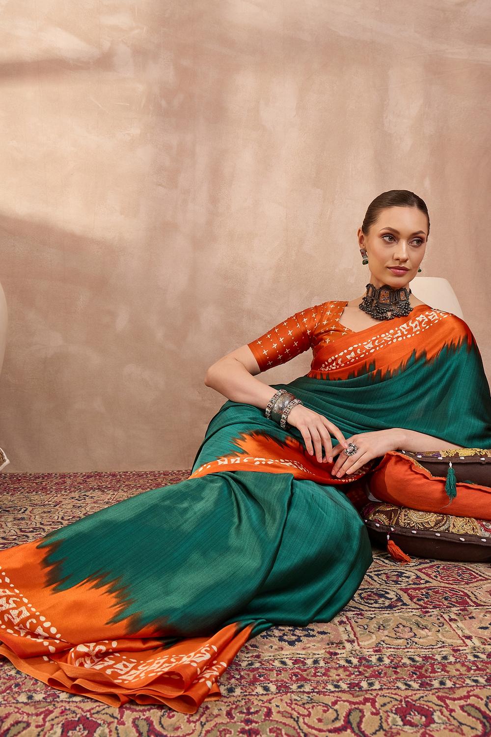 Kenya Green Modal Ajrakh Printed Ready to Wear One Minute Saree