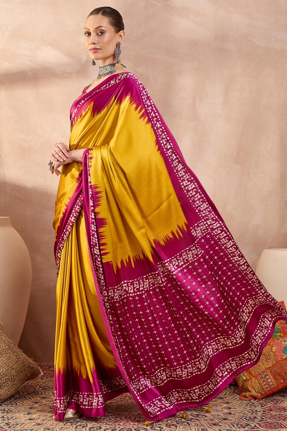 Kenya Yellow Modal Ajrakh Printed Ready to Wear One Minute Saree