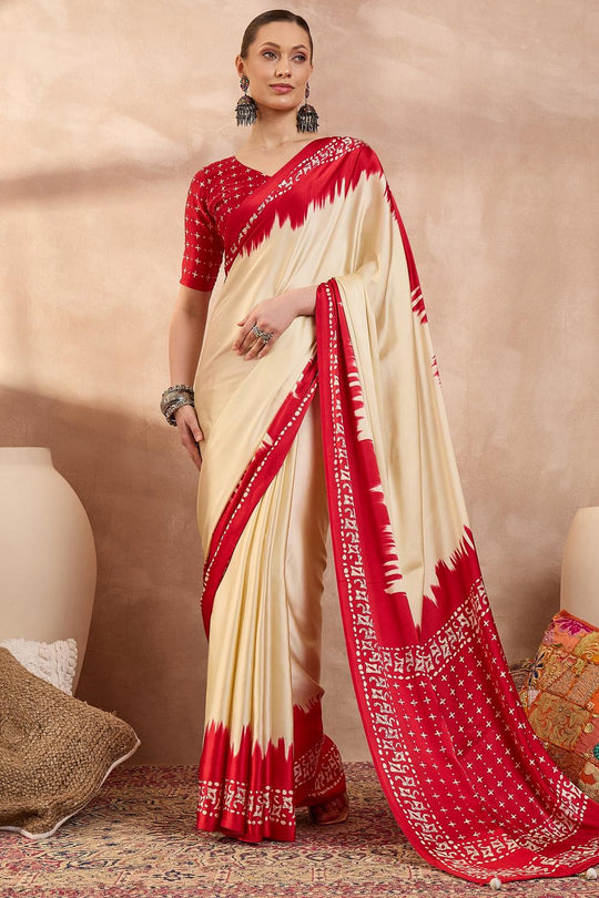 Kenya Cream Modal Ajrakh Printed Ready to Wear One Minute Saree