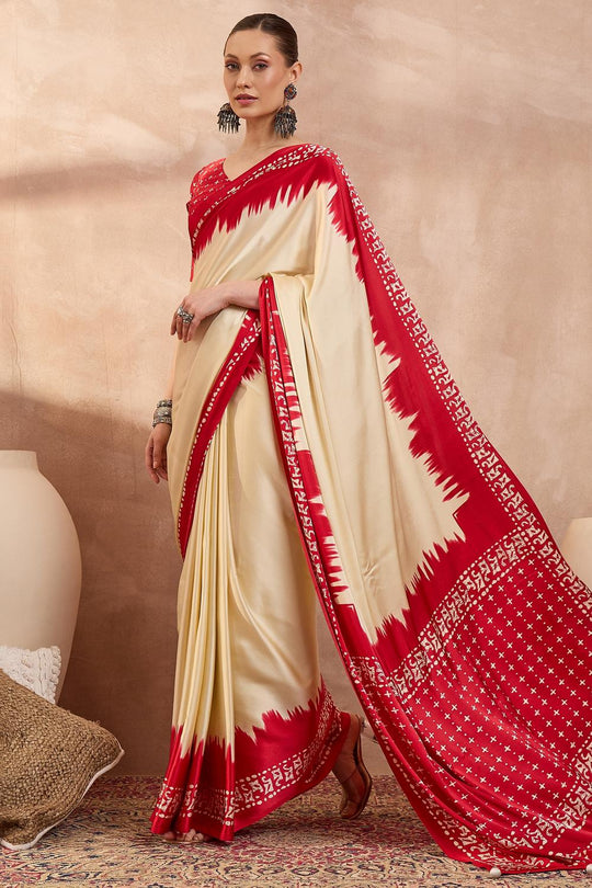 Kenya Cream Modal Ajrakh Printed Ready to Wear One Minute Saree