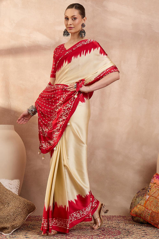 Kenya Cream Modal Ajrakh Printed Ready to Wear One Minute Saree