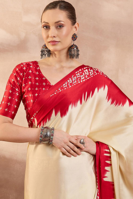 Kenya Cream Modal Ajrakh Printed Ready to Wear One Minute Saree