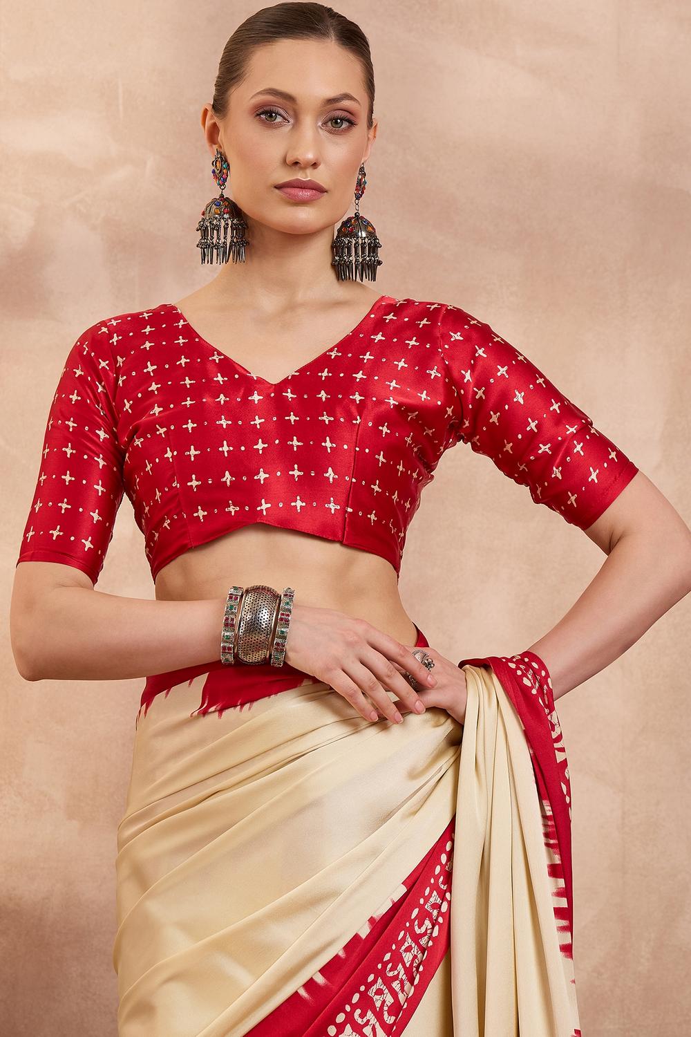Kenya Cream Modal Ajrakh Printed Ready to Wear One Minute Saree