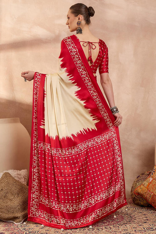 Kenya Cream Modal Ajrakh Printed Ready to Wear One Minute Saree