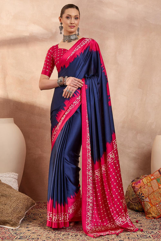 Kenya Blue Modal Ajrakh Printed Ready to Wear One Minute Saree