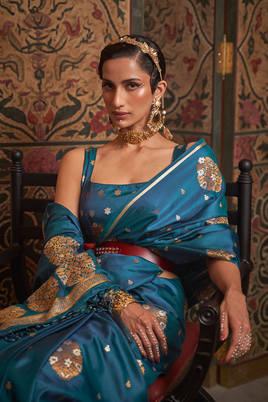 Agra Peacock Blue Pure Satin Copper Zari Weaving Ready to Wear Saree