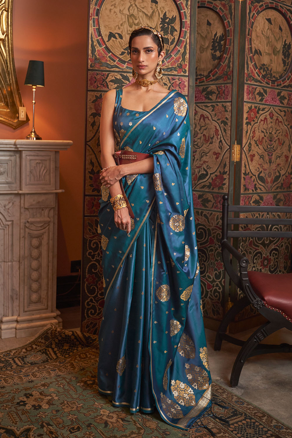 Agra Peacock Blue Pure Satin Copper Zari Weaving Ready to Wear Saree
