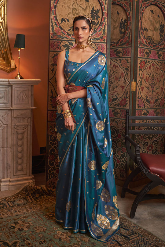Agra Peacock Blue Pure Satin Copper Zari Weaving Ready to Wear Saree